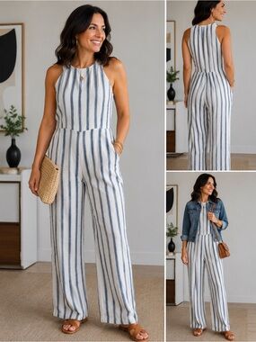 Old Navy Blue & White Striped Linen-Blend Jumpsuit
